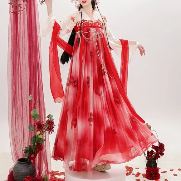 red camellia floral qixiong hanfu 3pc set - shirt + skirt + shawl(?)/ribbon - Picture 1 of 4